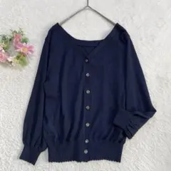 美品★ 【Vis】 リブ袖 カーディガン (M) ネイビー キレイめ 冷房対策