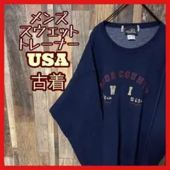 ネイビー トレーナー メンズ プリント L USA古着 90s 長袖 スウェット