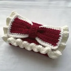 【即購入可】ハンドメイド 編み物 ポーチ ペンケース 筆箱 リボン フリル