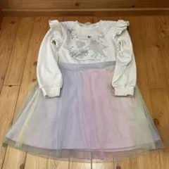 120 ユニコーンプリント　レインボーチュール　トレーナーワンピースドレス裏起毛