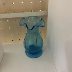 青色フリルエッジガラス花瓶 アンティーク