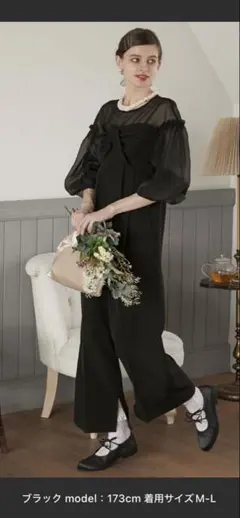 シースルー袖 ブラック パーティードレス M-L