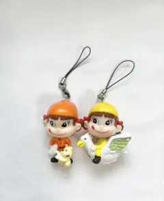 不二家 ペコちゃん フィギュア付ストラップ 2点 平成 레트로 希少品