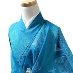 W4 着物 化繊 洗える着物 絽 市松 蝶々 青のサムネイル