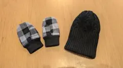黒ニット帽・チェック柄ミトンセット