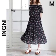 【INGNI】イング オフショル M ロングワンピース 黒 小花柄