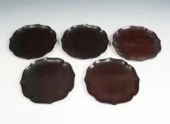 時代 唐木輪花小皿 五客 唐木稜花口小盤 唐木小皿 唐木一刀彫皿 茶托 煎茶道具