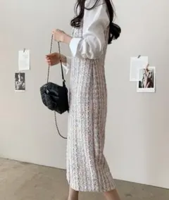 ツイードチェックキャミワンピース　ジャンスカ　韓国　きれいめ　オフィスカジュアル
