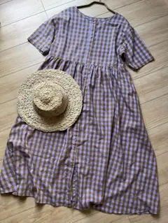 スタジオクリップ　半袖　チェック　格子　ワンピース　パープル　ブラウン　リネン