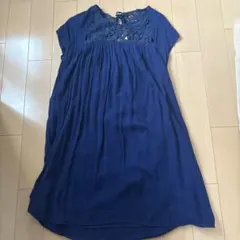 ZARA ザラ　ネイビー レースネック 半袖 ひざ丈ワンピース　Lサイズ