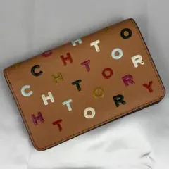 美品 トリーバーチ レザー 折り財布 総柄 アルファベット ホック ブラウン