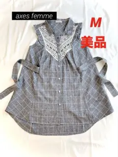 axes femme ノースリーブ　チュニックワンピース　チェック柄レース　M