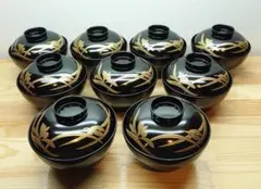 送料込【逢絢亭】茶道具 懐石道具 吸物椀 蘭蒔絵 木質 合成漆塗 ９客 紙箱入り