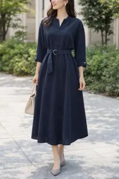 NANO universe/ナノ・ユニバース ネイビー シャツワンピース ベルト