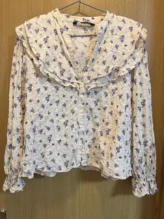 ZARA フリル付き花柄長袖ブラウス L