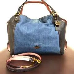 COACH デニム レザー 2WAYバッグ 花柄チャーム付き　[日本限定]