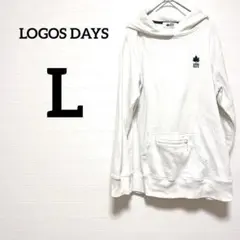 LOGOS DAYS ホワイト パーカー L ロゴス 緑 ロゴ 刺繍 フード