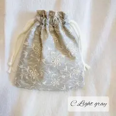 サクラ柄×ライトグレー/巾着袋/刺繍