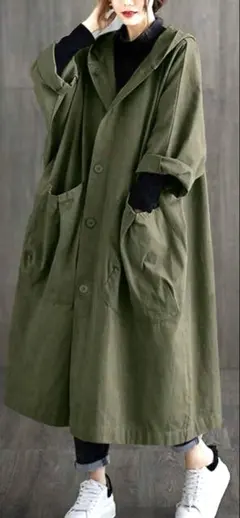 スプリングコートロングパーカー　 9分袖　オリーブカーキ