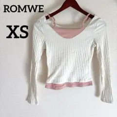 ROMWE 【XS】リブ編み長袖トップス オフショルダー ホワイト ピンク