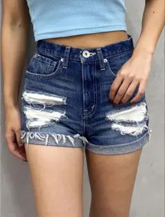 ジャストウエストダメージデニムショートパンツ