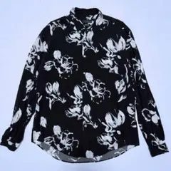 【ZARA】 レーヨン 長袖シャツ トップス 総柄 白黒 モノトーン モード L