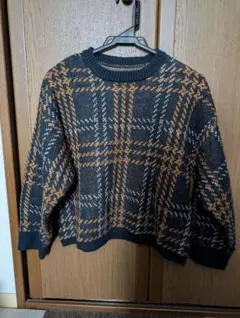 チェック柄長袖ニットセーター Fサイズ