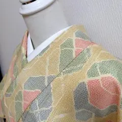 【極美品ピン張り】正絹紬小紋長着　変わり輪繋ぎ文様　赤青黄緑白　未着用品