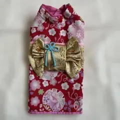 和風犬服 赤色 花柄 金色リボン