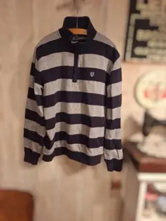 ネイビー グレー ストライプ ハーフジップポロ