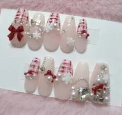 ネイル チップ ツイード 赤 クリスマス 冬 ツリー リース 現品