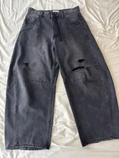 ワイドシルエット カーブ ダメージ加工 デニムパンツ-FREAK'S STORE