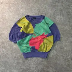 7SM4 リーフ柄　90'sカラフルサマーニット　レトロ　麻混　古着