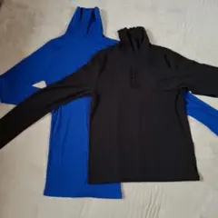 リブ編みタートルネック長袖トップス（青・黒）2枚セット