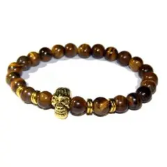 送料無料　スカル　天然石　虎目石　タイガーアイ　茶色　ブレスレット　数珠　金色