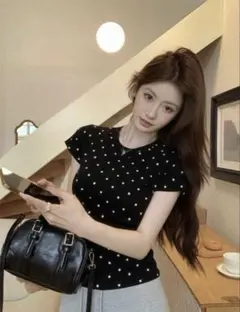 SHEIN ドット柄 tシャツ 半袖 韓国 トップス 黒 ブラック 夏