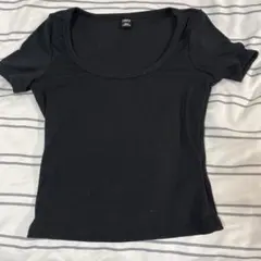 DAZY ラウンドネック 半袖 ギャザーTシャツ、無地　M シーイン　黒