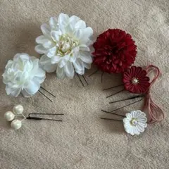 【値下げ】花飾りセット ホワイト ワインレッド　成人式