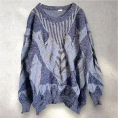 幾何学模様 総柄 ニット オーバーサイズ 青系 セーター レトロ