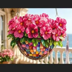 ステンドグラス風 ピンクの花 サンキャッチャー