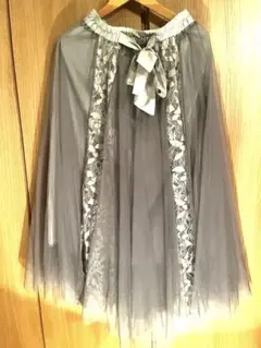 チュールスカート ブルー レース リボン付き ウエストゴム フレア ロング丈