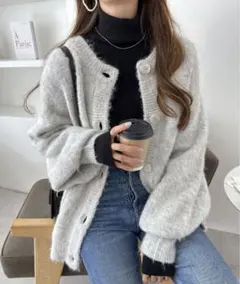 andme 2way モヘアライク長袖ニットカーディガン　ライトグレー