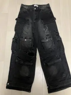 Chikashitsu ポケット ダメージ加工 デニムカーゴパンツ ダークグレー