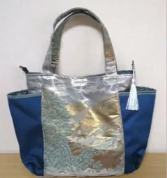 帯リメイク青と銀色のトートバッグ