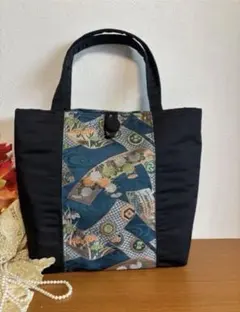 No.39 帯リメイクバッグ　ブラック×紺地柄