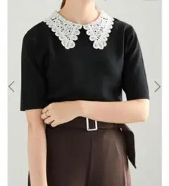 【新品タグ付】Te chichi テチチ レース衿 5分袖ニットプルオーバー 黒