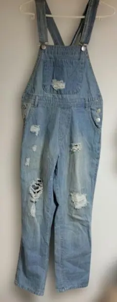 ダメージ加工ライトブルーサロペット