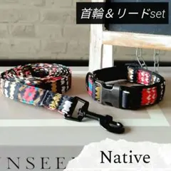 【ネイティブ柄】ドッグ用 首輪＆リード☆ 赤 小型犬 中型犬 散歩 犬の首輪