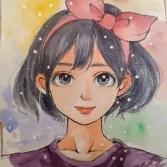 手描きイラストA4　水彩画・色鉛筆『実写版キキ』