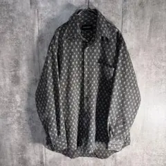 90s 総柄シャツ 長袖 M 幾何学柄 レトロ 韓国製 モノトーン